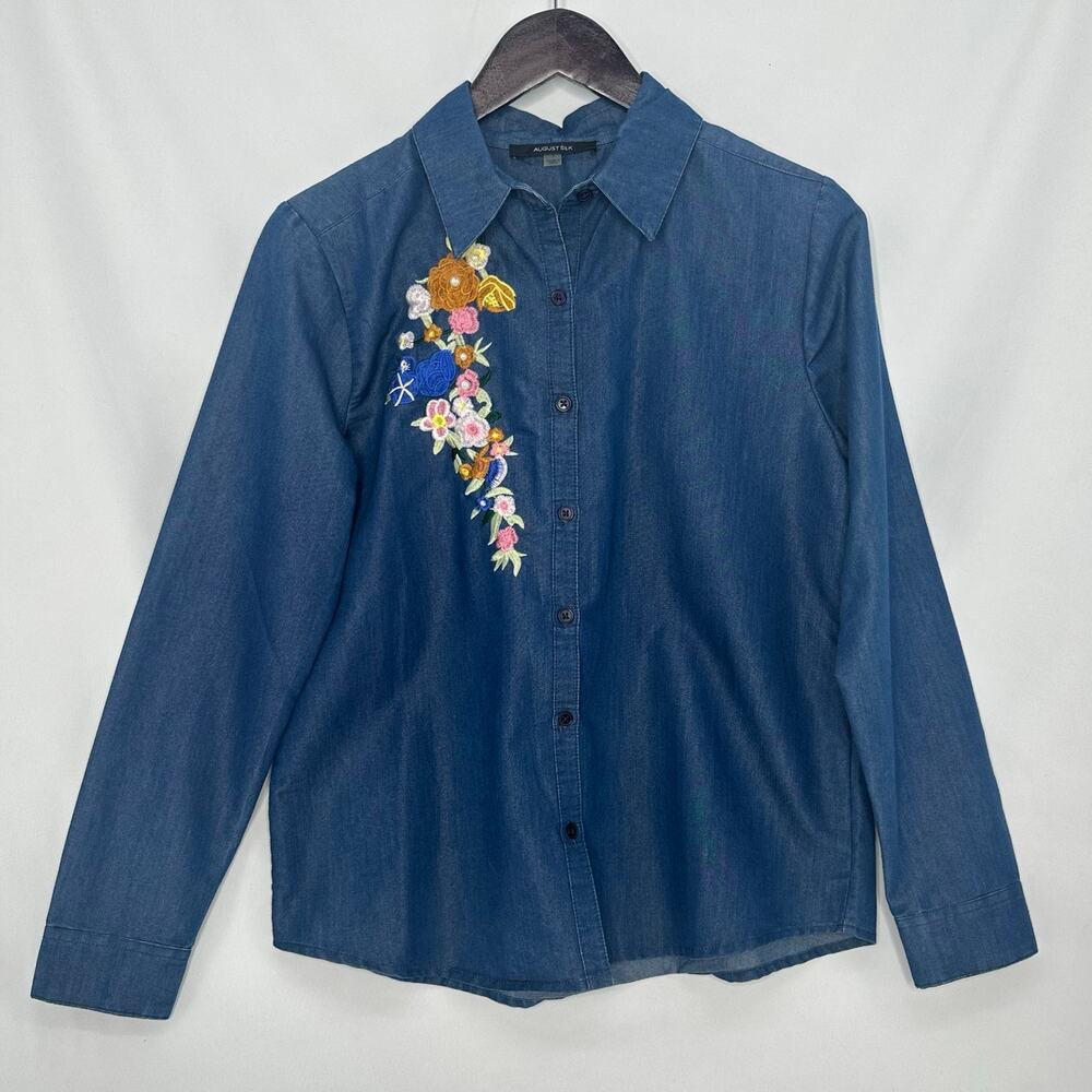 August Silk Denim Button Up Shirt Small Embroidered Floral Cottage Grandma Boho